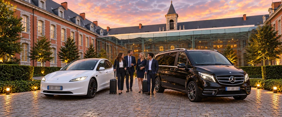 Groupe de professionnels entre une Tesla blanche et un van Mercedes Classe V devant un lieu de réception
